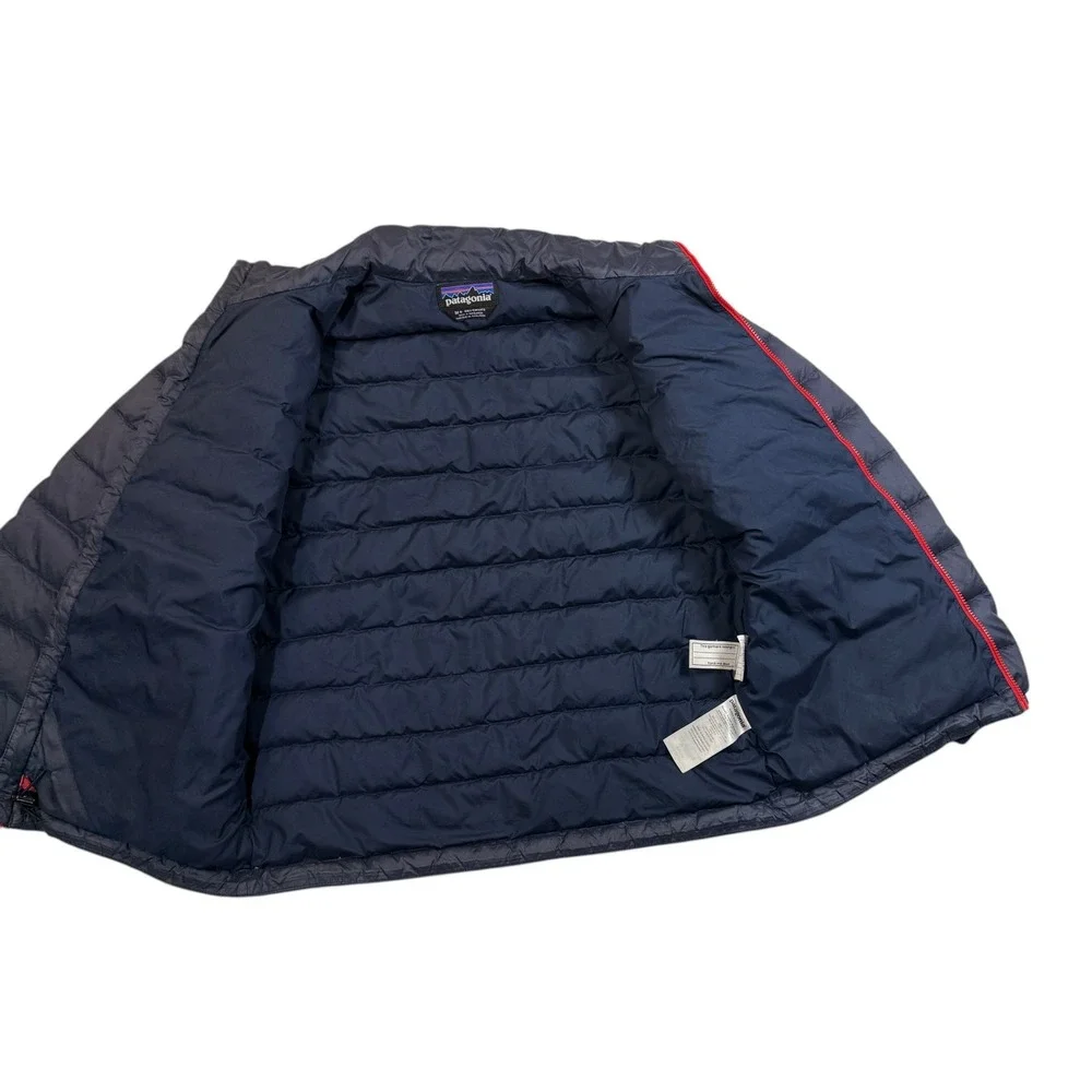 Patagonia Kids Down Sweater Jacket Navy Blue Red Full Zip Puffer Size M 10 Youth